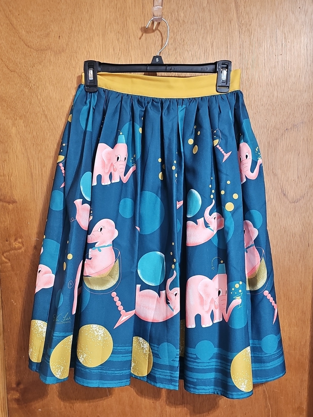 The Oblong Box Shop Women’s Navy Blue Skirt with Pink Elephant Print